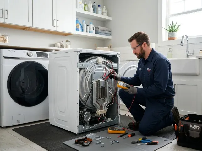 Appliance Repair Hero technician checking a dryer heating element with the rear panel off in Blacklick, OH