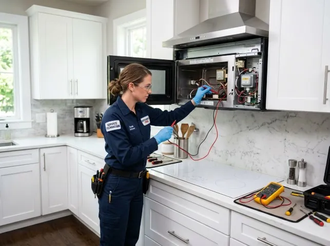 Appliance Repair Hero technician testing an over-the-range microwave in a Blacklick, OH kitchen