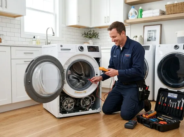 Appliance Repair Hero technician testing a front-load washer with a multimeter on a Blacklick, OH service call